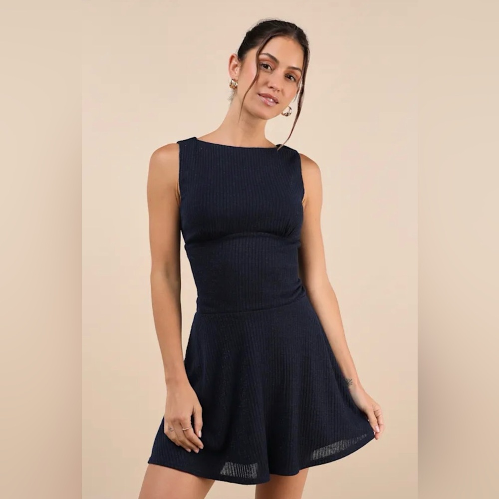 Lulus Modern Moves Navy Blue Ribbed Knit Sleeveless Mini Dress, size M